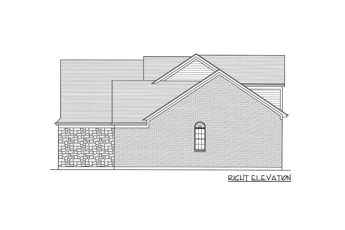 House plan right elevation showing a gable roof, brick exterior, and stone base.