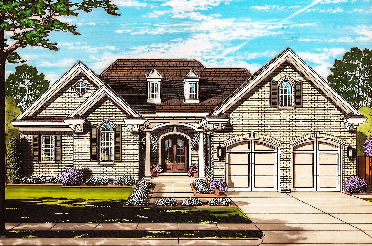 House plan exterior with two stories. Features include a gabled roof, arched garage doors, and a covered front entry with columns.
