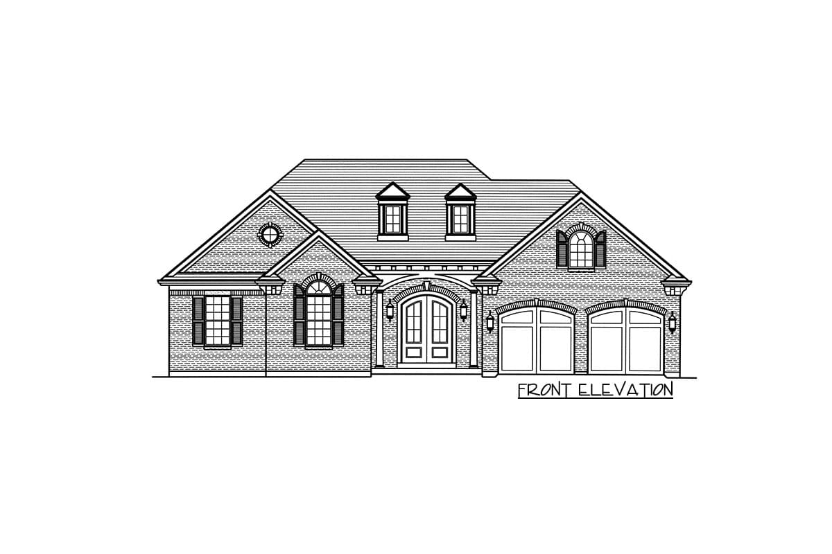 House plan front elevation: Two-story brick home with arched entryway, dormers, circular gable vent, and a three-car garage.