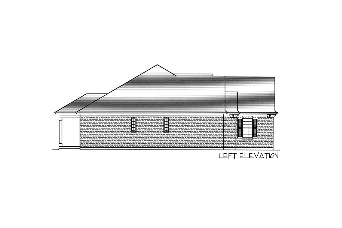 Left elevation house plan: brick exterior, gabled roof, covered entry, garage, and single-pane windows.