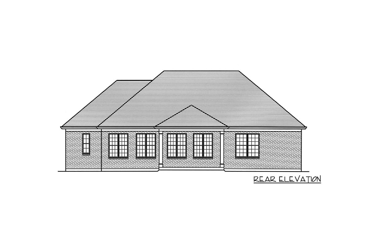 Rear elevation drawing of a one-story house with a hipped roof and multiple windows.