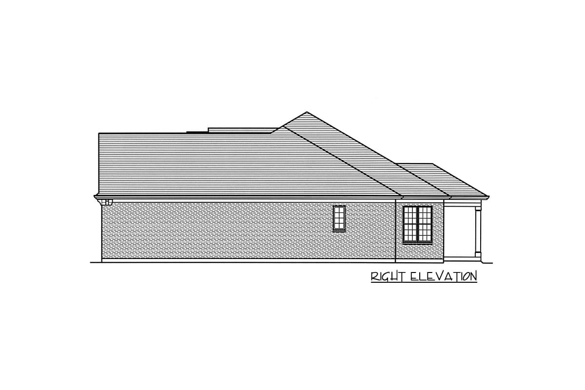 Right elevation house plan drawing showing brick exterior, a single-story structure with hipped roof and covered porch.