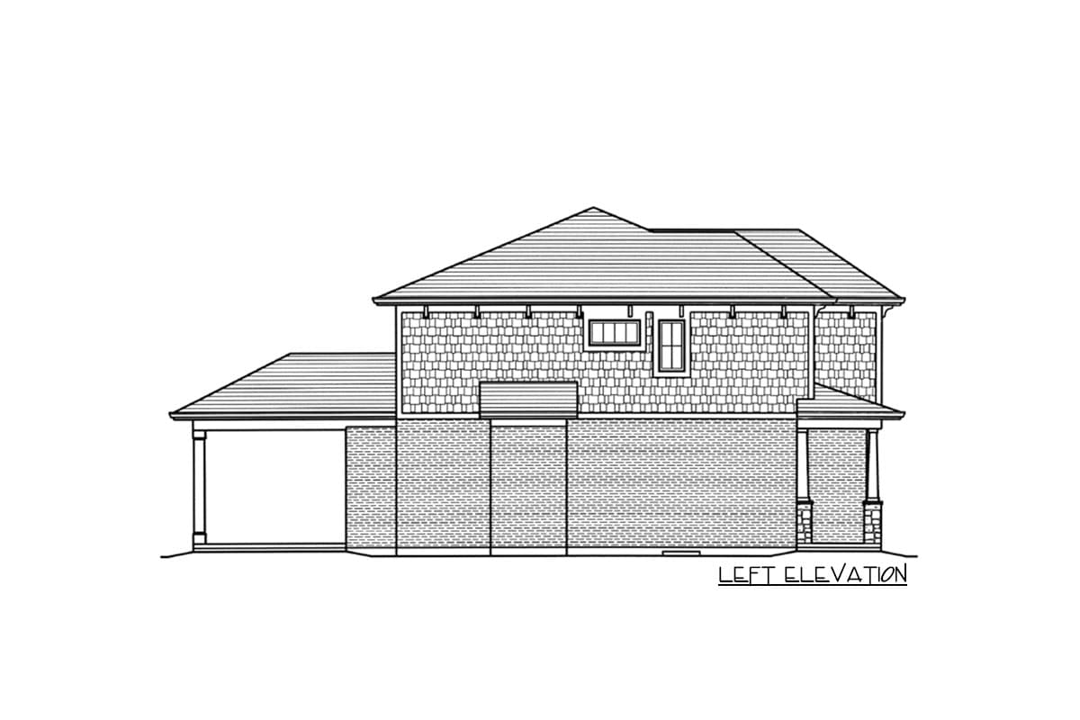 Left elevation drawing of a house plan featuring a gable roof, brick and shingle siding, and a covered porch.