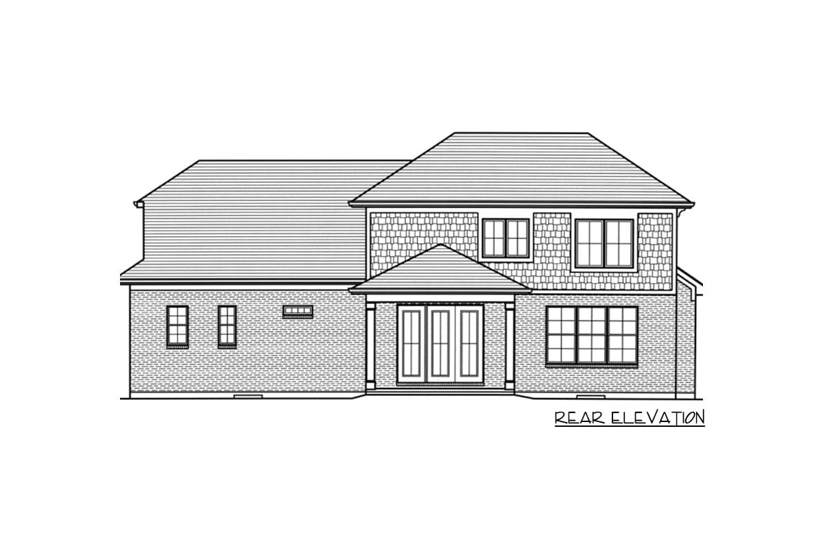 Rear elevation drawing of a two-story house with a prominent gable roof, brick facade, double doors, and multiple windows.