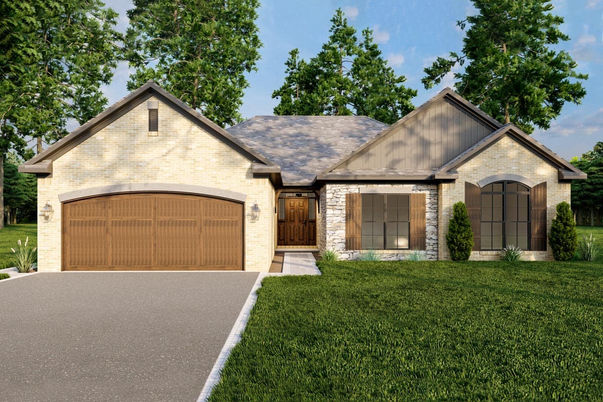House plan exterior. One-story Ranch style home with gabled roof, brick facade, arched garage door, and stone accents. Features symmetrical design.