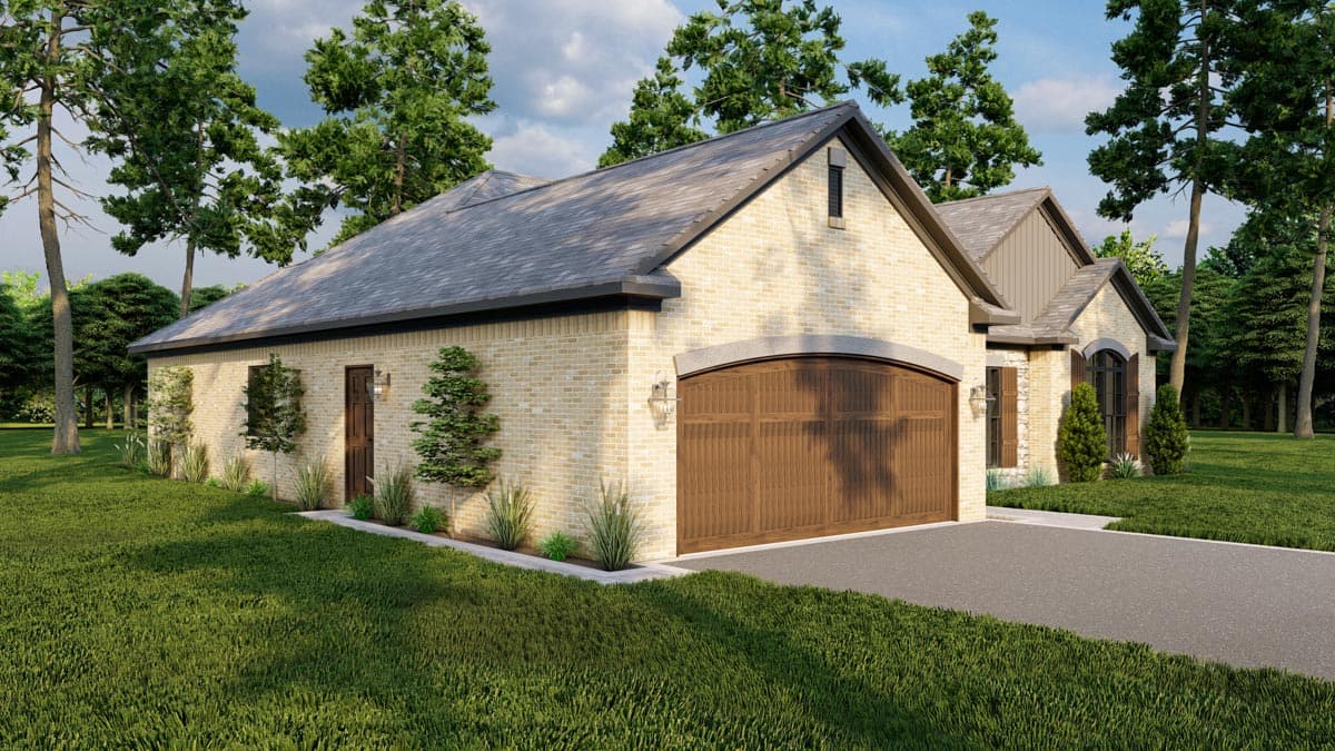 House plan exterior: One-story Modern Farmhouse with beige brick, attached garage, arched wood garage door, gables, and stone accents.