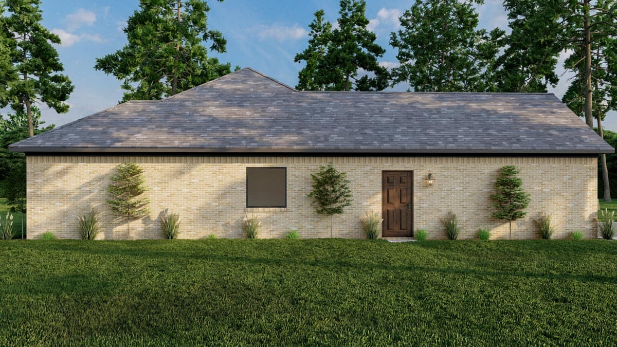 House plan exterior: One-story brick home with a gabled roof, single-door entrance, and a single window.