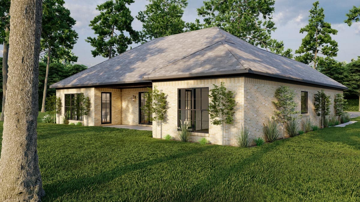 House plan exterior of a single-story brick home with a hip roof, multiple large windows, and a covered entry.