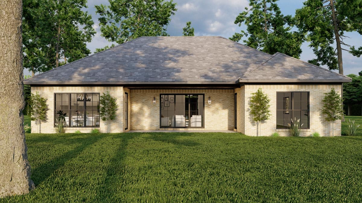 House plan exterior of a one-story home with light brick, a hip roof, and large grid windows.