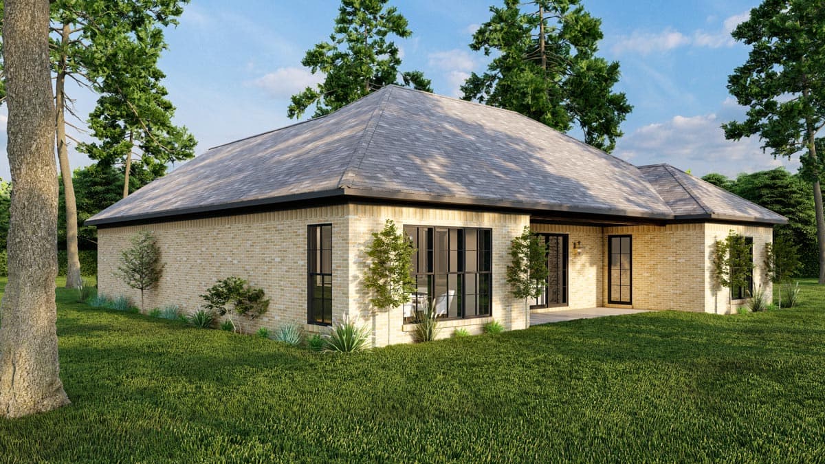 House plan exterior: Single-story brick home with hipped roof, prominent gables, and multiple covered patio areas.