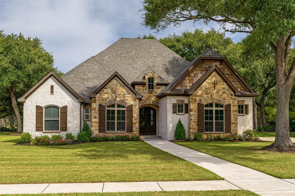 House plan exterior featuring a two-story home with stone and brick facade, gable roof, arched entryway, and decorative shutters.