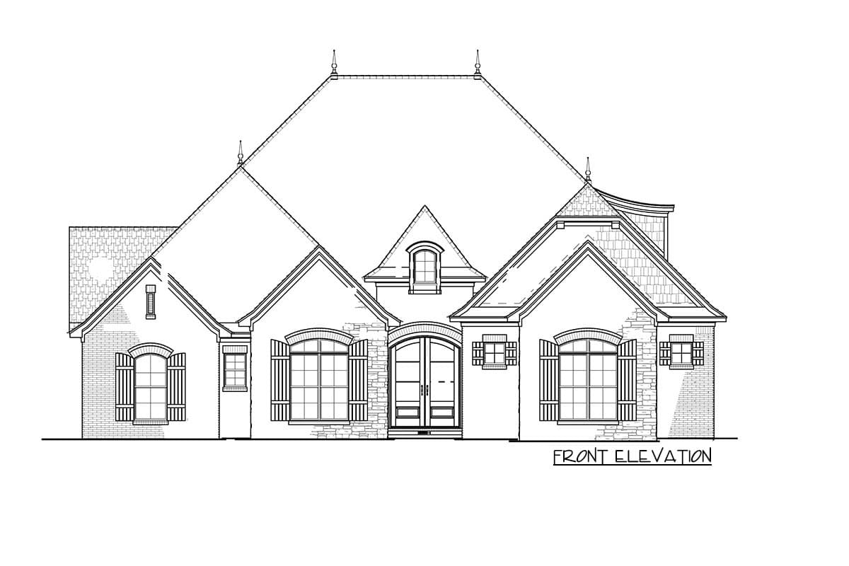 Front elevation drawing of a one-story house with a Mansard roof, dormer, arched windows, and brick and stone facade.