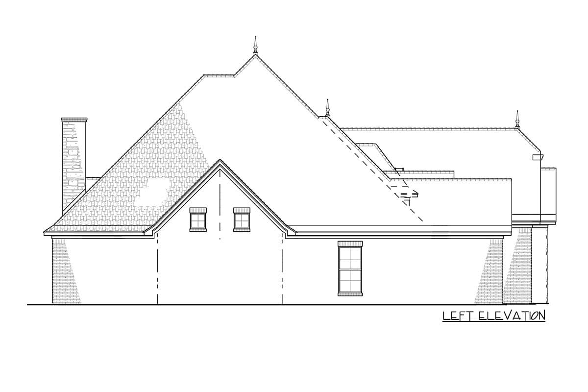 Left elevation drawing of a house plan, showing multiple rooflines, a brick chimney, and gabled dormers.