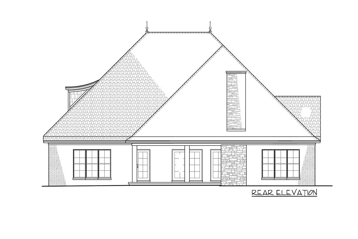 Rear elevation of a house plan showing a large hipped roof, dormer, multiple windows, French doors, and a stone-clad chimney.