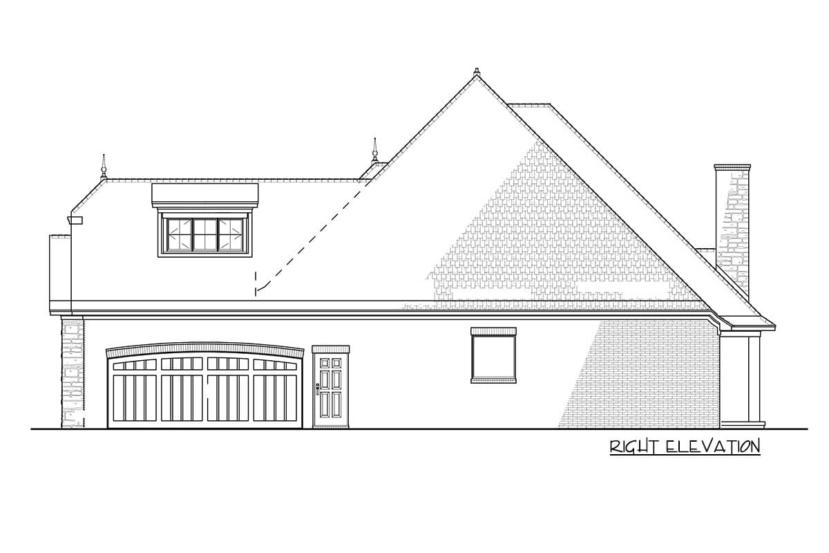 House plan right elevation with a multi-panel garage door, dormer window, and stone chimney.