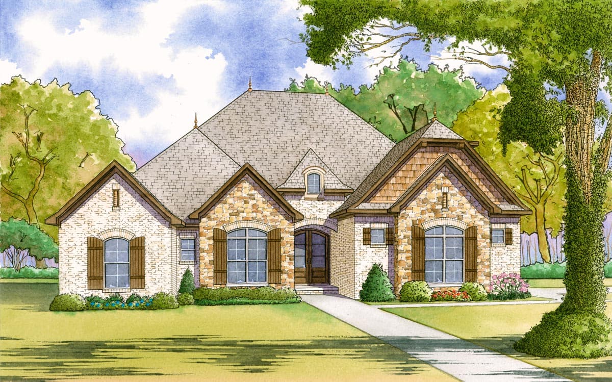 House plan exterior: Single-story home with stone and brick facade, arched windows, gabled dormer, and steeply pitched rooflines.