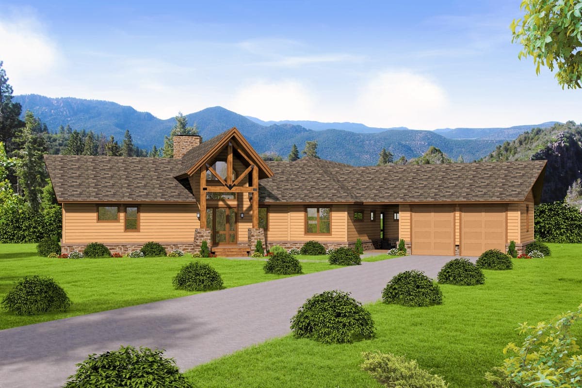 House plan exterior: Single-story modern rustic home with stone foundation, timber-framed gabled entrance, and attached three-car garage.