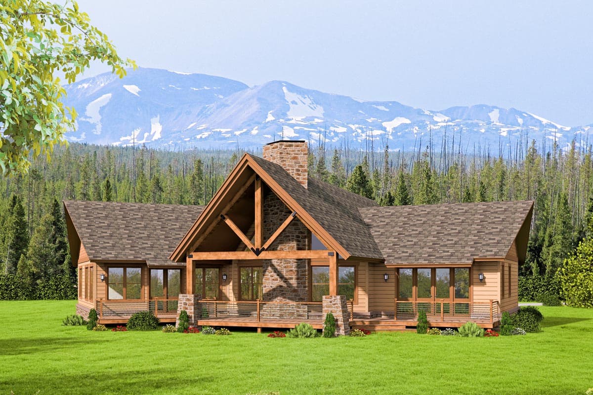 House plan exterior: Lodge-style home with large stone chimney, exposed timber framing, and expansive covered porch.