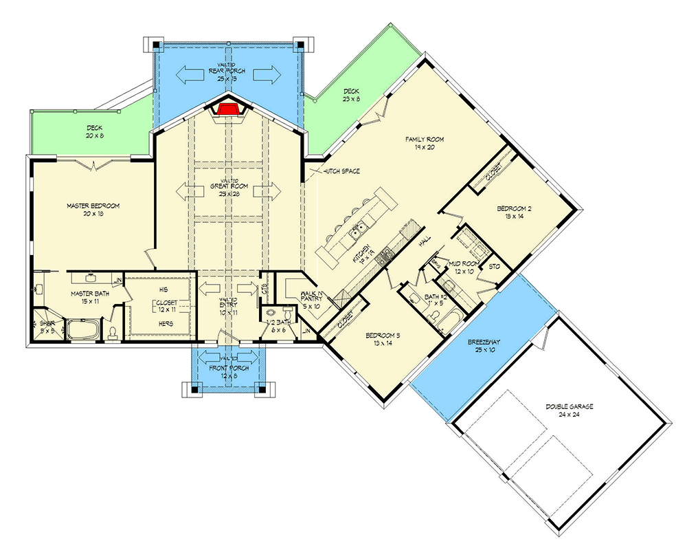 Plan 68490VR: Rustic Mountain Lodge with Vaulted Interior and Angled 2-Car Garage - Floor Plan - Main Level - Mountain, Ranch, Rustic