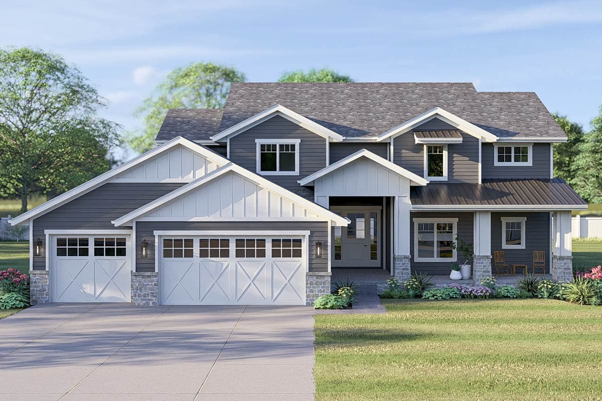 House plan exterior. Two-story, Craftsman-style home with gabled rooflines, two garage doors, and a covered front porch.