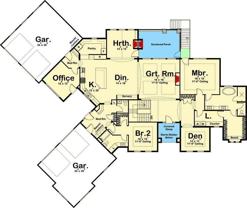 Plan 62671DJ: Spacious Two Bedroom Ranch House Plan - Floor Plan - Main Level - European, Mediterranean, Ranch