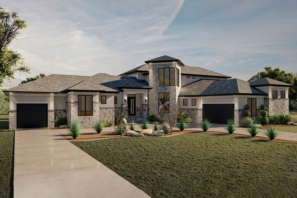 House plan exterior with two-car garage, stone facade accents, and a multi-gabled roofline, two-story structure.