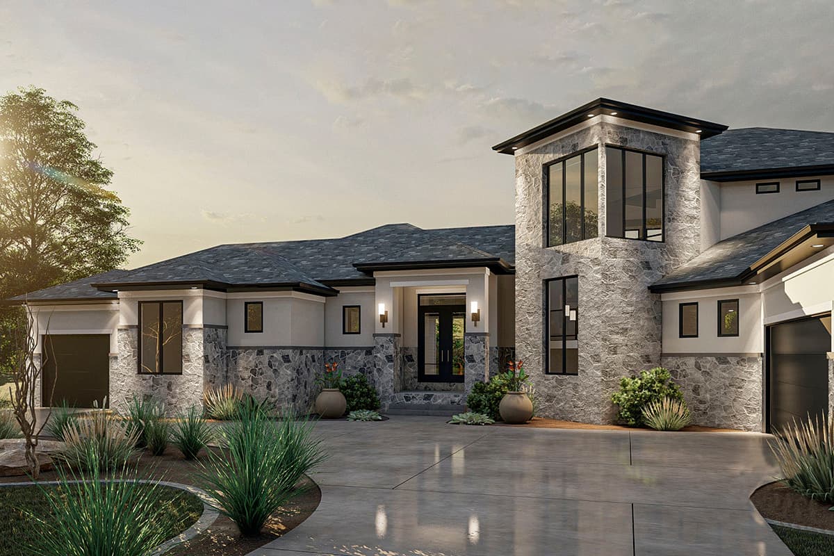 Modern house plan exterior with stone accents, large windows, a covered entry, and a multi-level roofline.