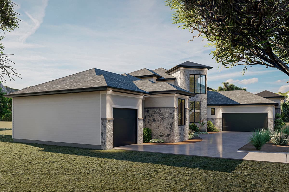 House plan exterior: One-story modern home with stone accents, multiple gables, and a three-car garage.