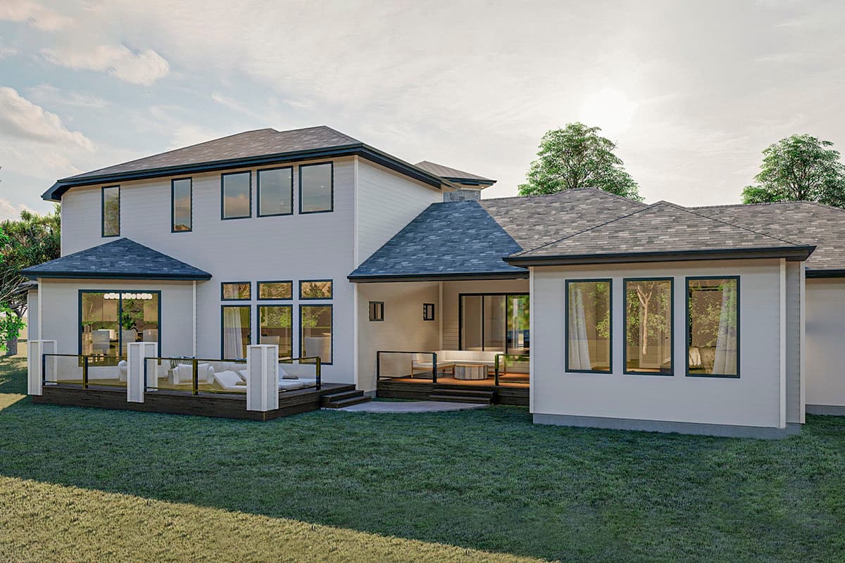 Modern two-story house plan exterior with multiple gables, large windows, and wraparound decks.