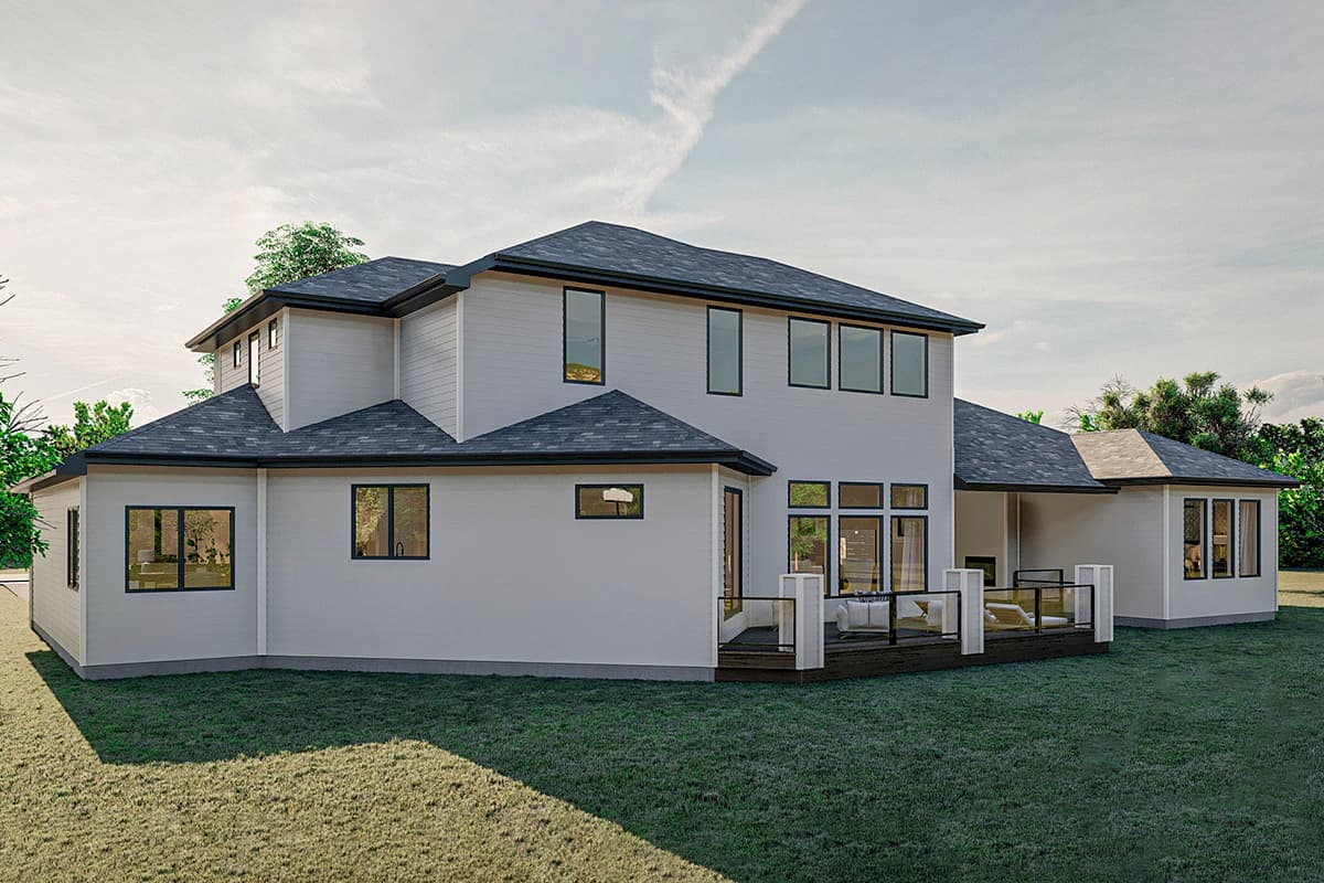 House plan exterior of a two-story modern home with a hip roof, horizontal siding, large windows, and a deck.