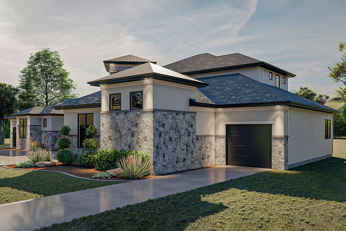 House plan exterior: Modern style, one-story home with stone and stucco facade, prominent gabled roof, and attached garage.