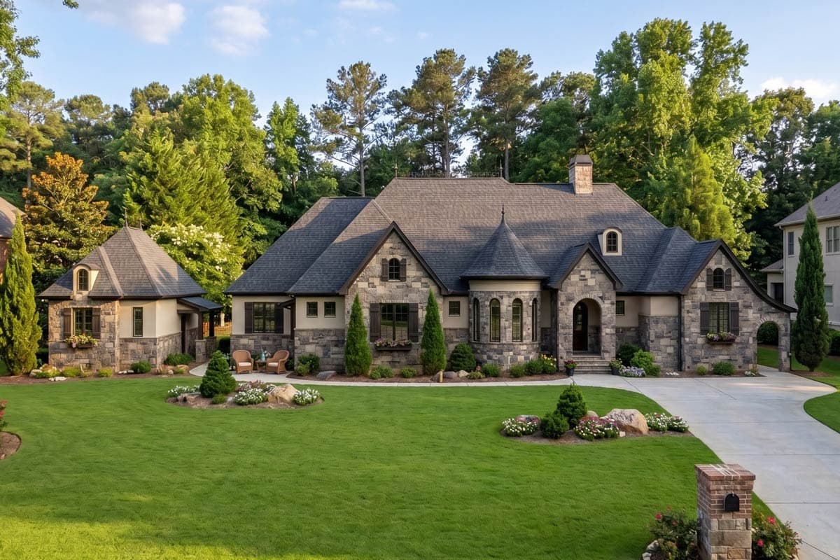 House plan exterior. Two-story Tudor style home with stone facade, turret, and multiple gables. Features attached garage and arched entry.