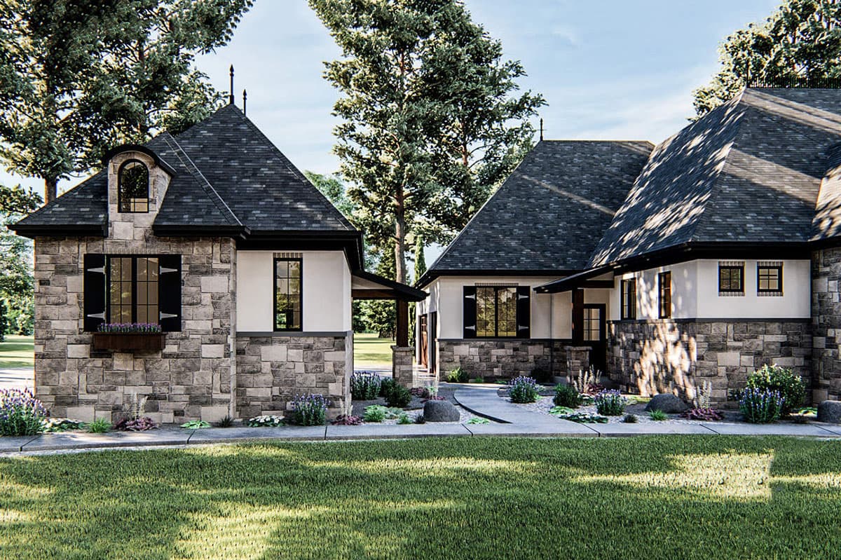 House plan exterior showing multi-story structure with stone accents, gables, and pitched rooflines.