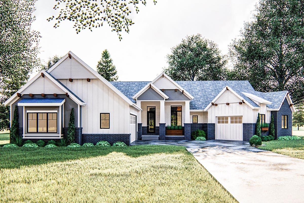 House plan exterior. Modern Farmhouse style with gabled roof, vertical siding, and a two-car garage. Features include porch and dormers.
