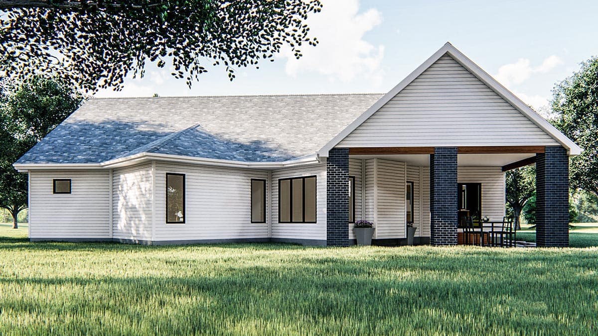 House plan exterior: Single-story modern farmhouse with horizontal siding, gable roof, and covered porch supported by dark brick columns.