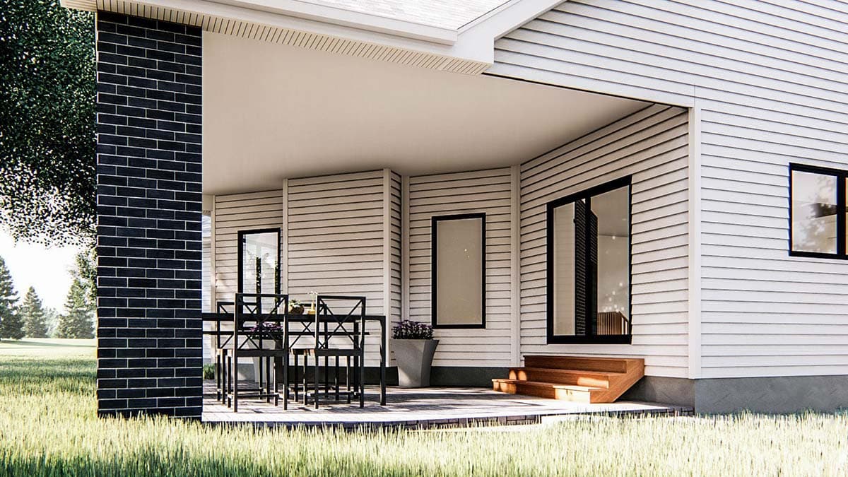 Modern house plan exterior featuring horizontal siding, a covered patio, dark brick chimney, and large black-framed windows.
