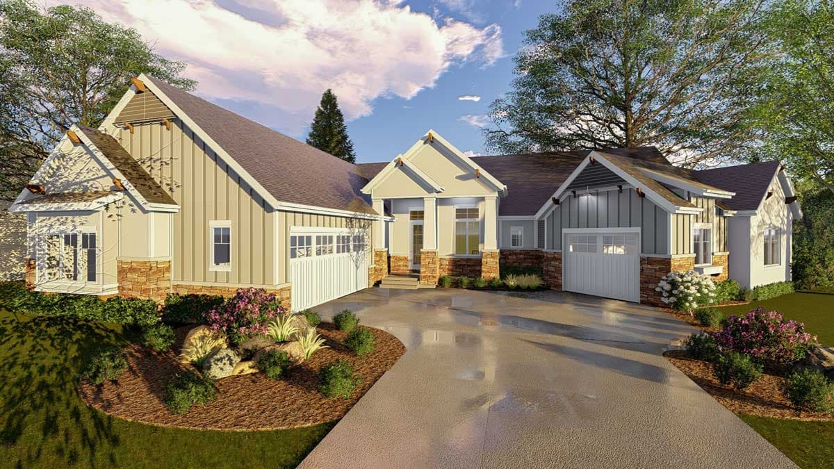 Modern Farmhouse house plan exterior with stacked stone accents, multiple gables, and a covered entry.