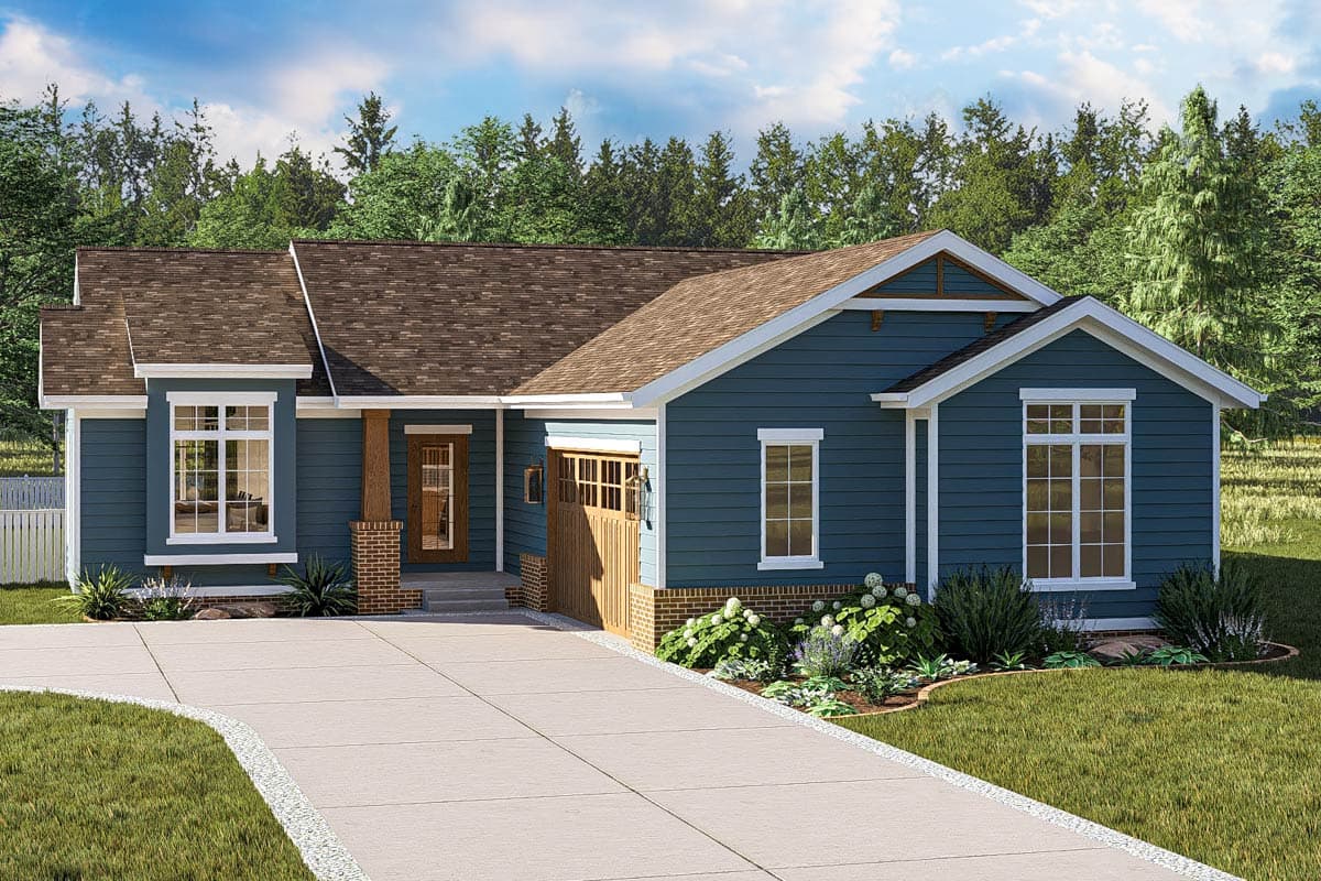 House plan exterior. Ranch style with a low-pitched roof, gables, and a front-facing garage. Features include porch columns and large windows.