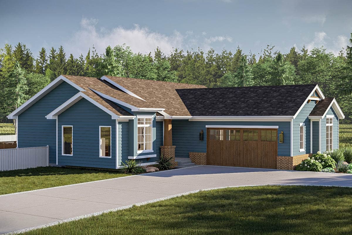 Ranch house plan exterior with blue siding, gabled dormers, bay window, and attached garage with wooden door.