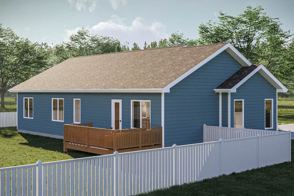 House plan exterior: One-story blue siding home with a wooden deck and white vinyl fencing.