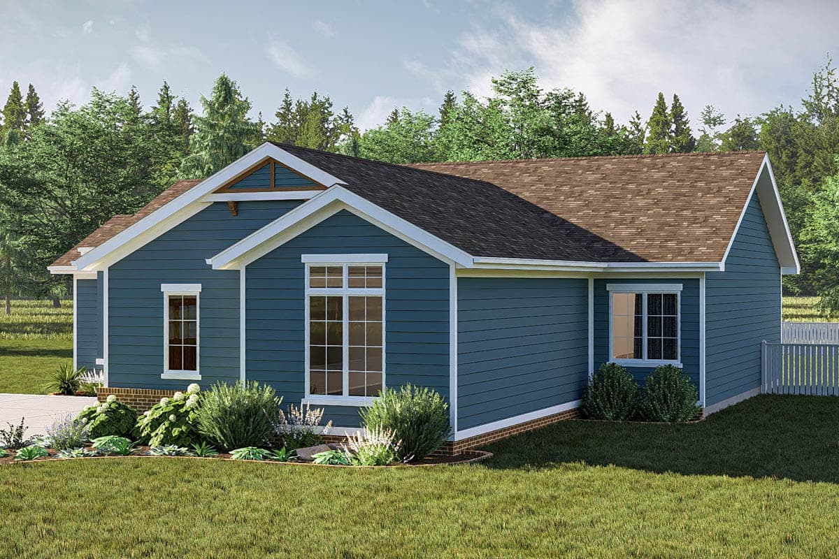 House plan exterior: single-story Modern Farmhouse with gabled dormers, large front window, and a covered porch.