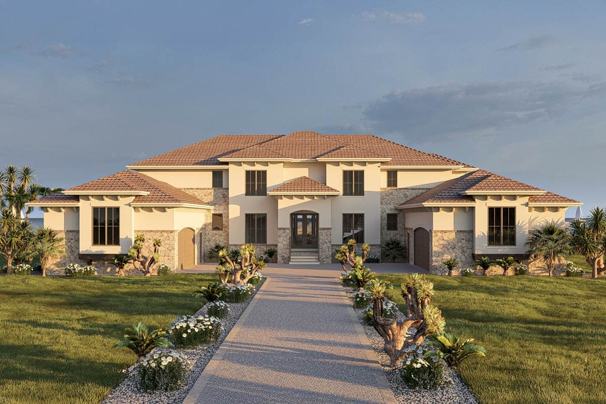 House plan exterior. Two-story with a tile roof, stone accents, and covered entry. Includes attached garages on either side and a paved driveway.