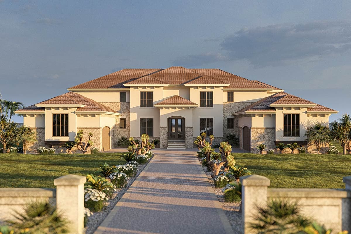 House plan exterior rendering of a two-story home with multiple gables, stone accents, and a central arched entryway.