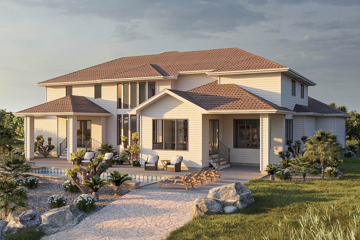 House plan exterior: Two-story home with a hip roof, covered porches, and a central projecting gabled section with tall windows.