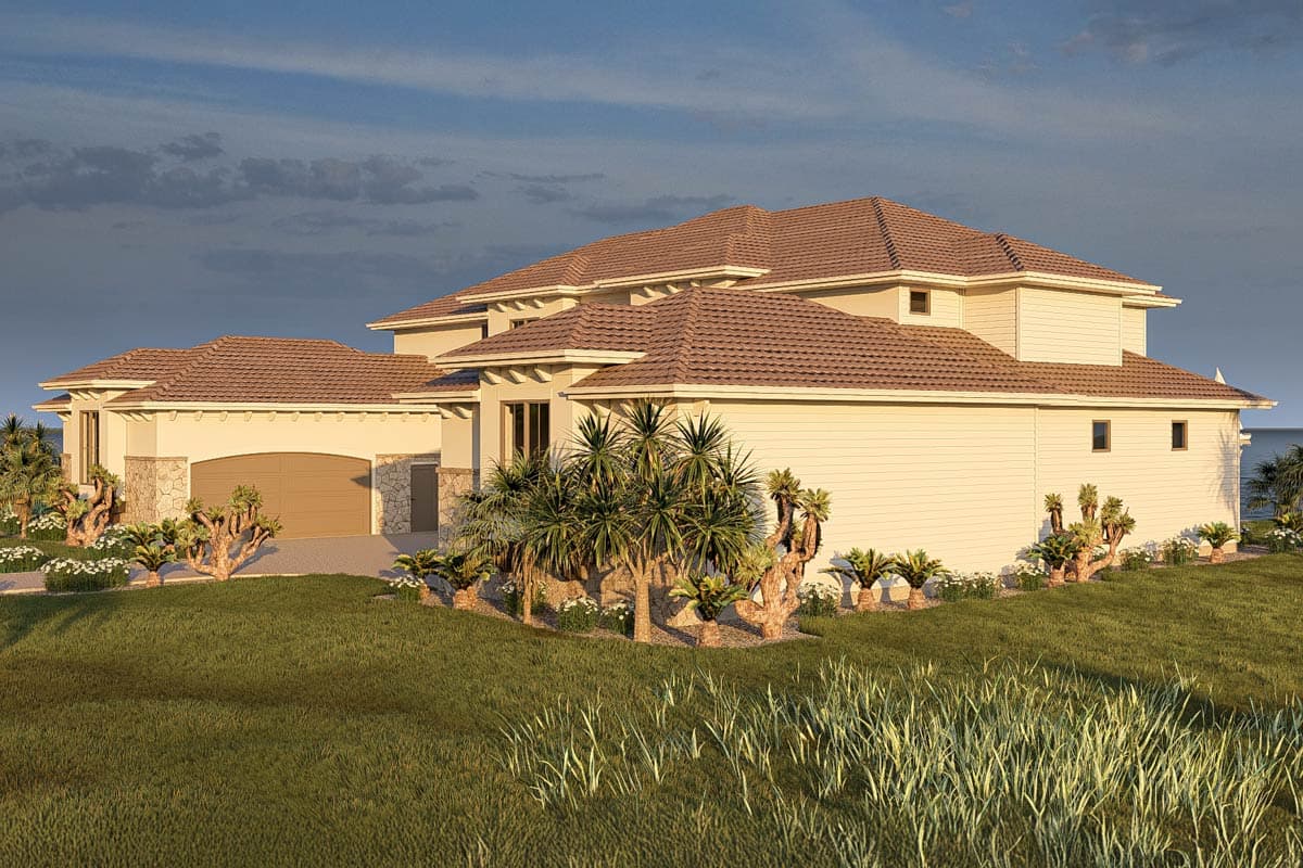 House plan exterior: Two-story home with a tile roof, stucco siding, stone accents, and a three-car garage.