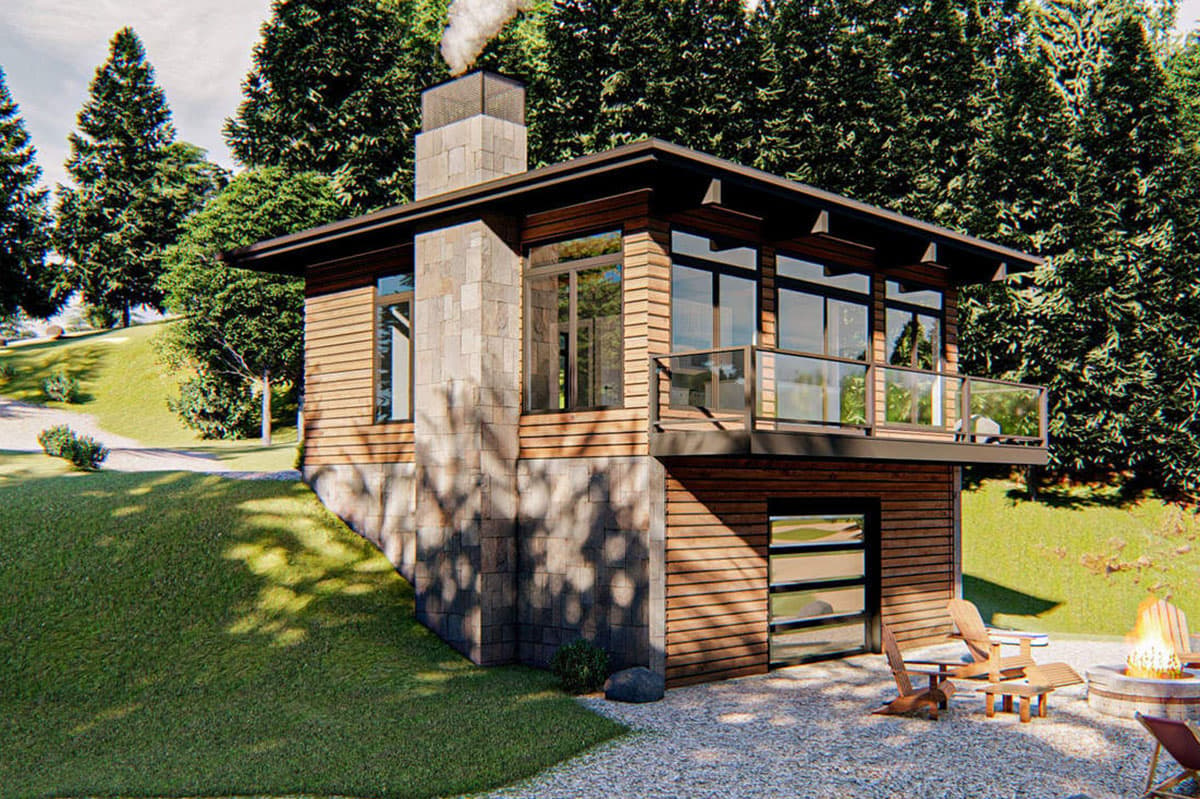 House plan exterior. Two-story Modern house with wood siding and stone accents. Features include a flat roof, balcony, and glass garage door.