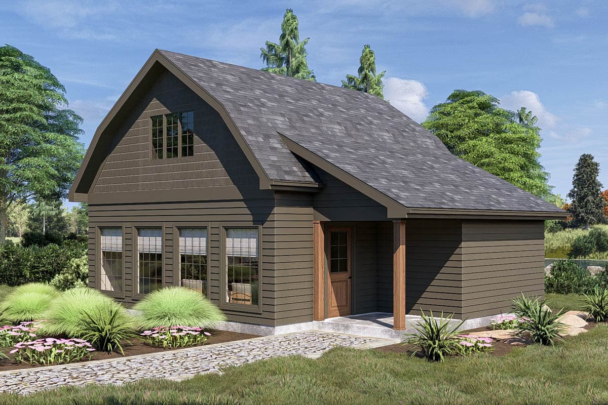 House plan exterior with Craftsman-style design. One story with gabled roofline, dormer window, and covered front entry with a post.