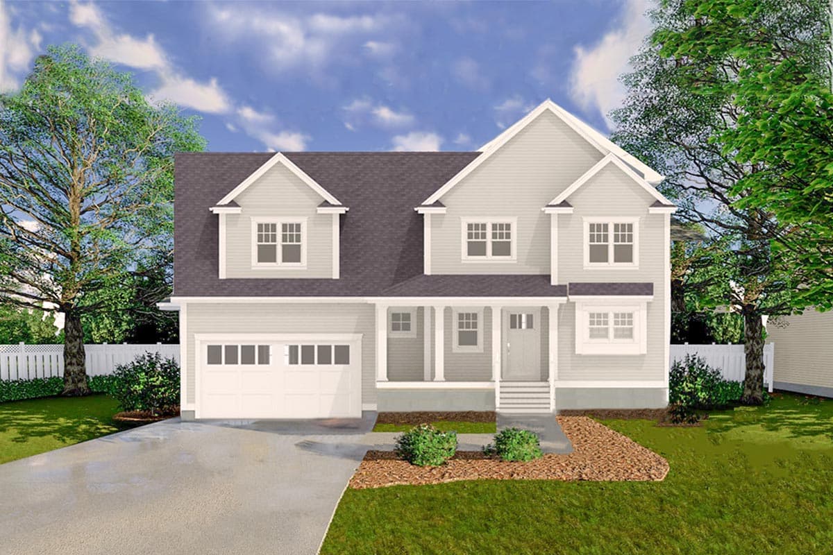 House plan exterior rendering. Two-story Colonial style with a front-facing garage, dormers, and a covered porch with columns.