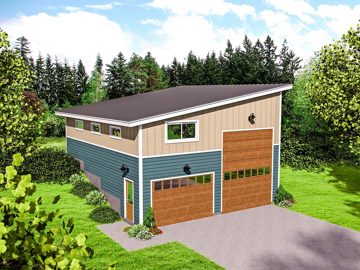 House plan exterior with two-tone siding, a shed roof, and two garage doors. The structure appears to be two stories with a simple door and windows.