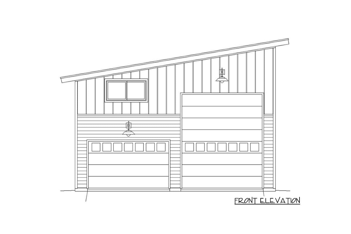 Front elevation drawing of a house plan showing a two-car garage and a single-car garage, with a pitched roof and two exterior lights.